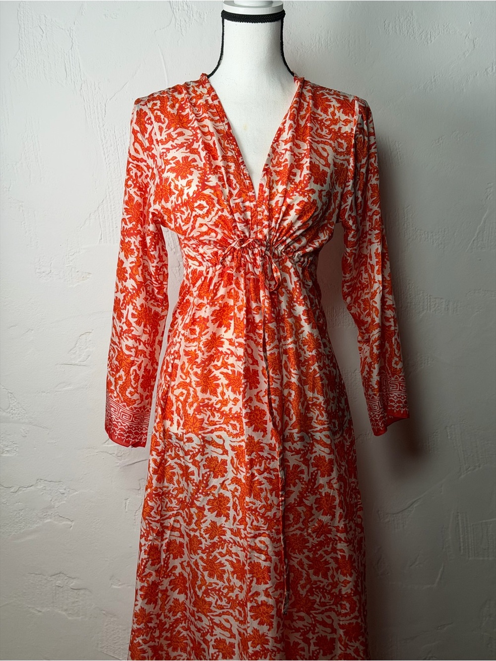 Stunning Italian Silk Red/Orange Floral V-Neck Drawstring Dress - size small 4/6 - Picture 6 of 16